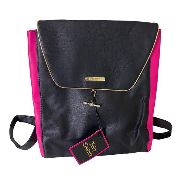Juicy Couture Backpack Black Pink Bag Expandable Purse Handbag Gold Trim New - Picture 7 of 10